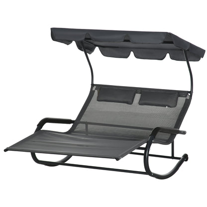 Double Sun Lounger Swing Bench with Sun Canopy, Swivel Chair with Rollers, Sun Lounger with Head Pillow, 220kg Load, for 2 Persons, Dark Grey, 200x139x140cm