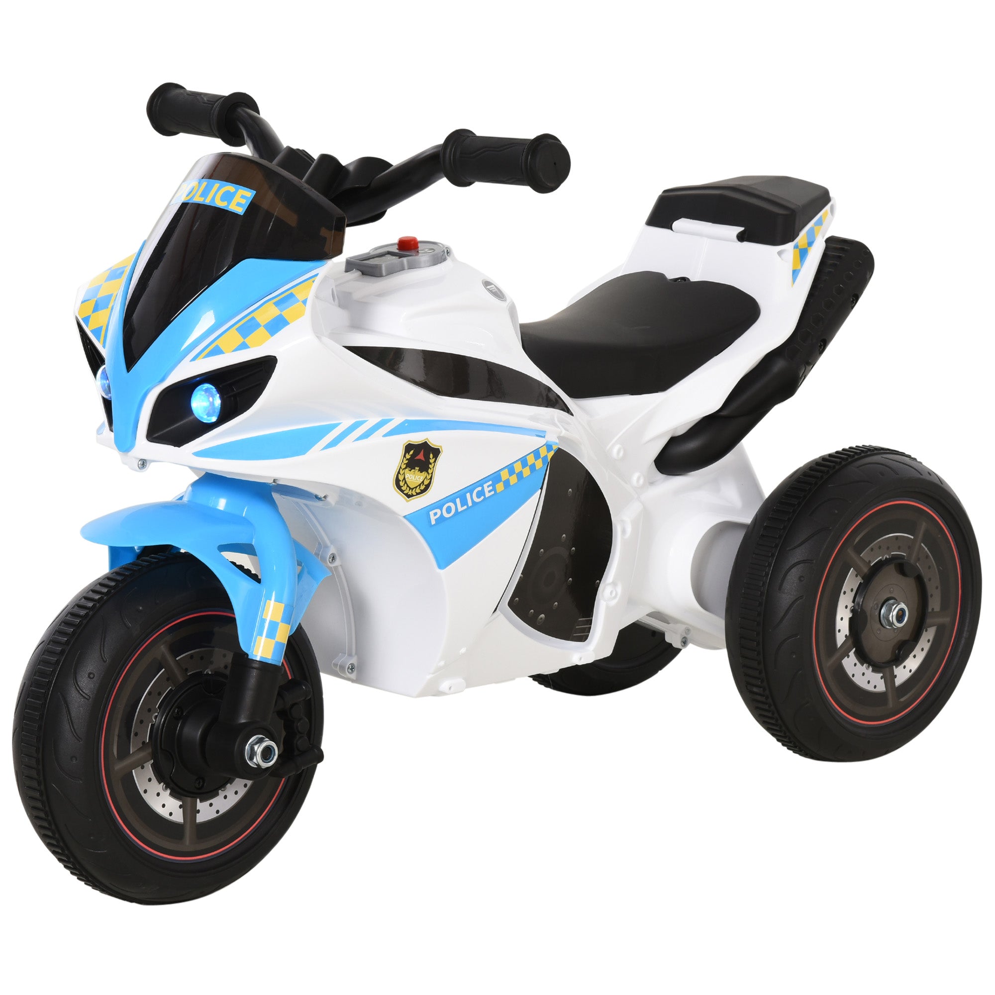 Children's Racing Motorcycle Rider with Musical and Light Effects Storage Trunk Blue White