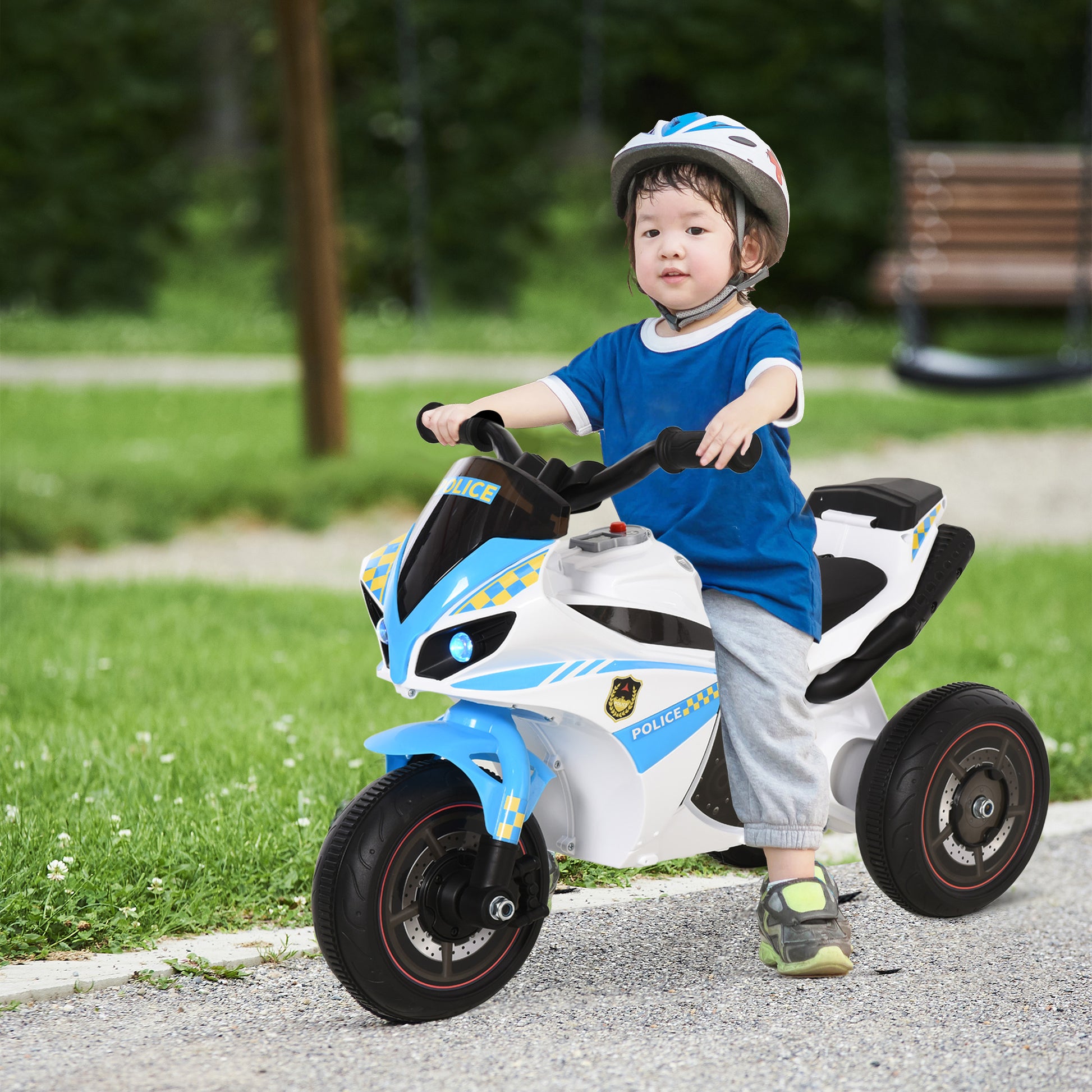Children's Racing Motorcycle Rider with Musical and Light Effects Storage Trunk Blue White