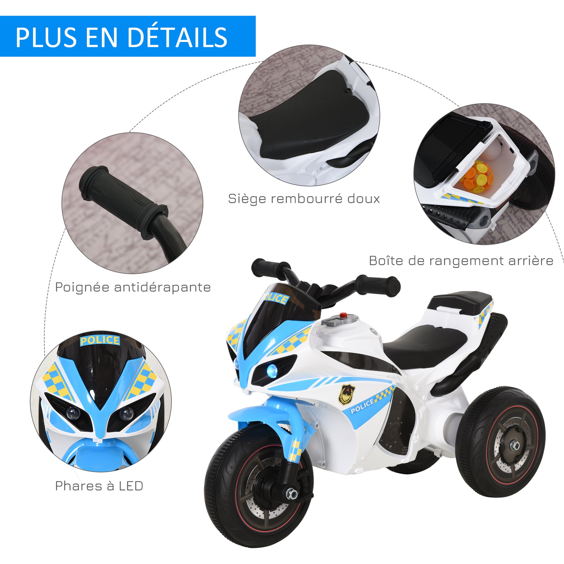 Children's Racing Motorcycle Rider with Musical and Light Effects Storage Trunk Blue White