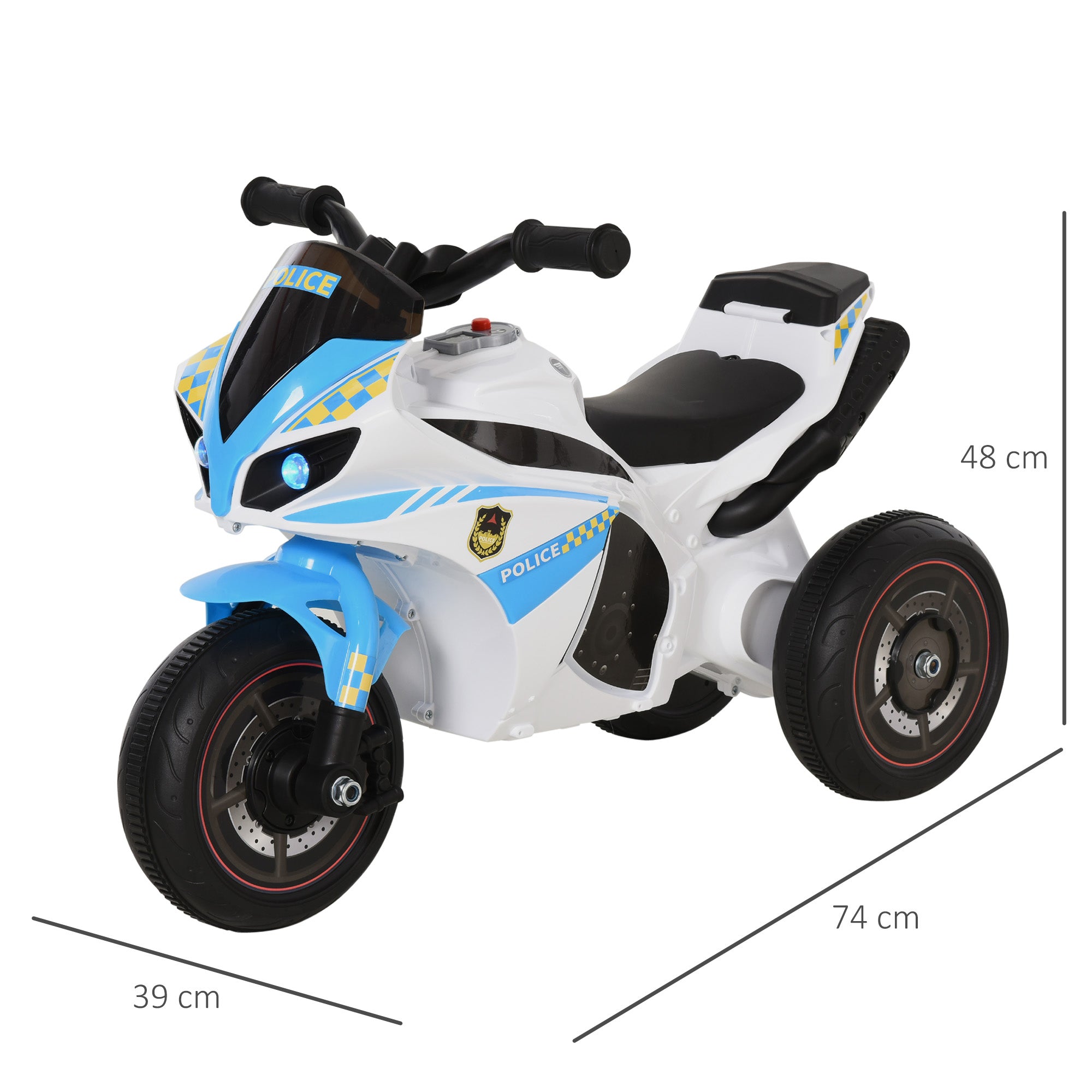 Children's Racing Motorcycle Rider with Musical and Light Effects Storage Trunk Blue White