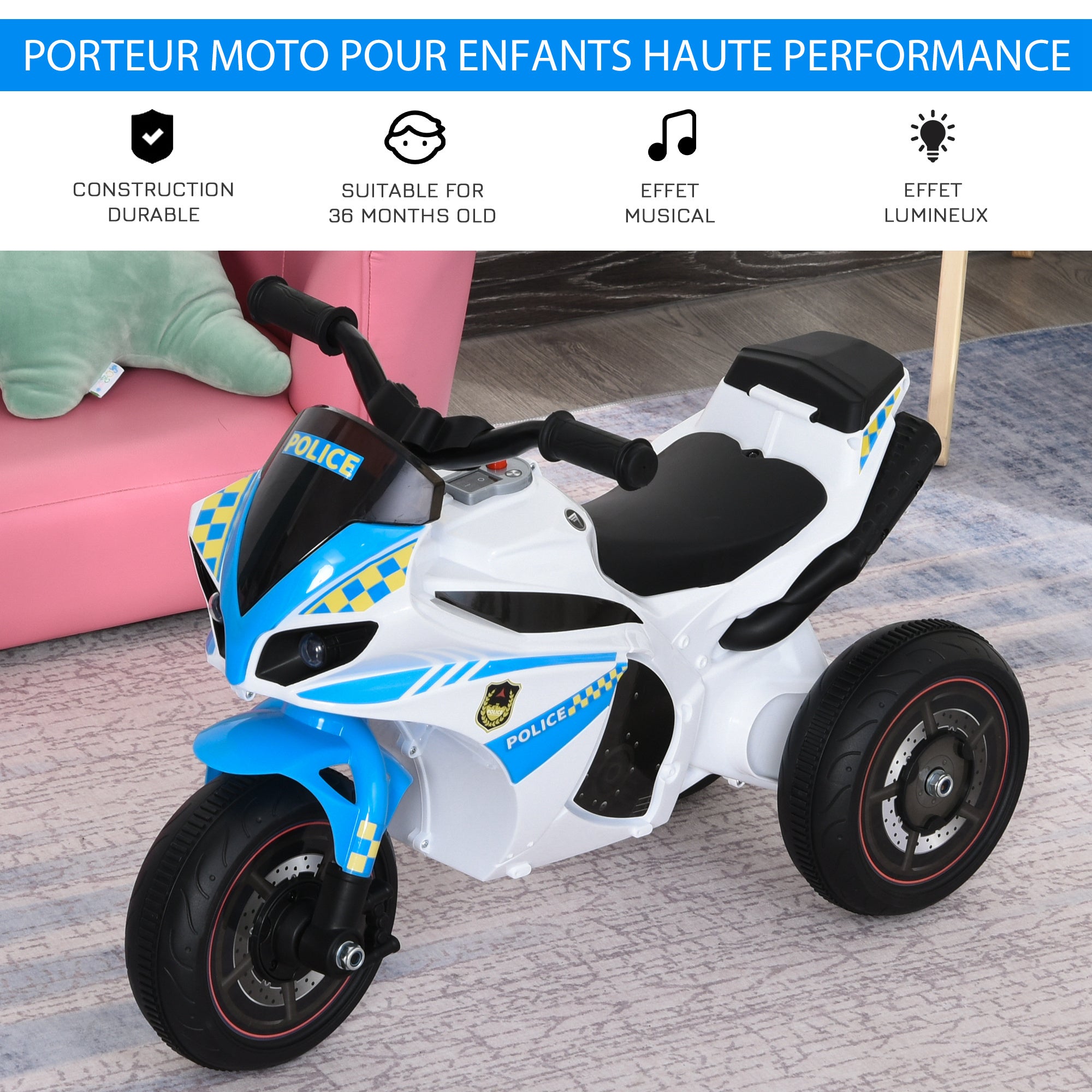 Children's Racing Motorcycle Rider with Musical and Light Effects Storage Trunk Blue White