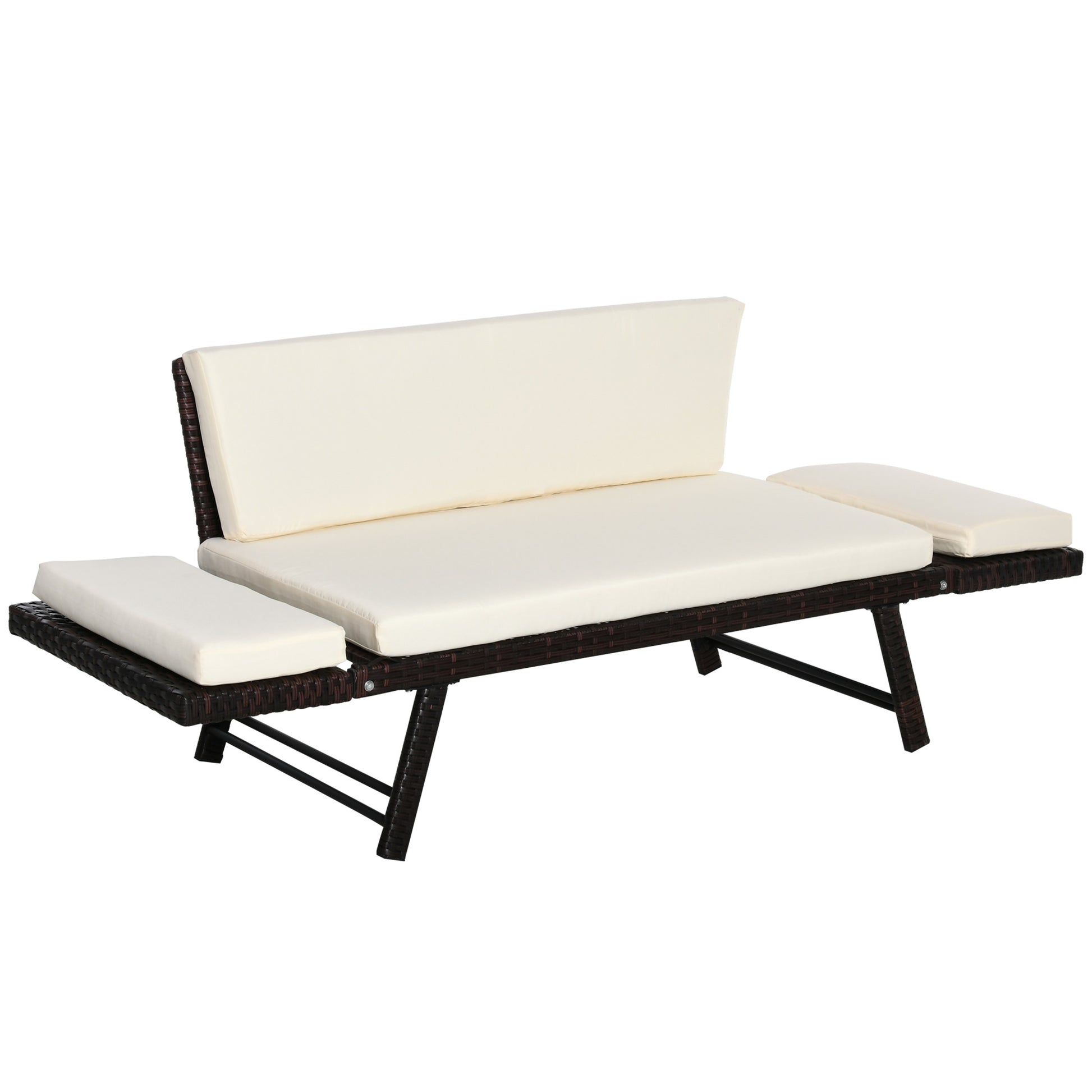 Poly Rattan 2-Seater Garden Sofa Lounge Sofa Garden Bench Lounger with Folding Armrests Steel Brown 129 x 63 x 67 cm