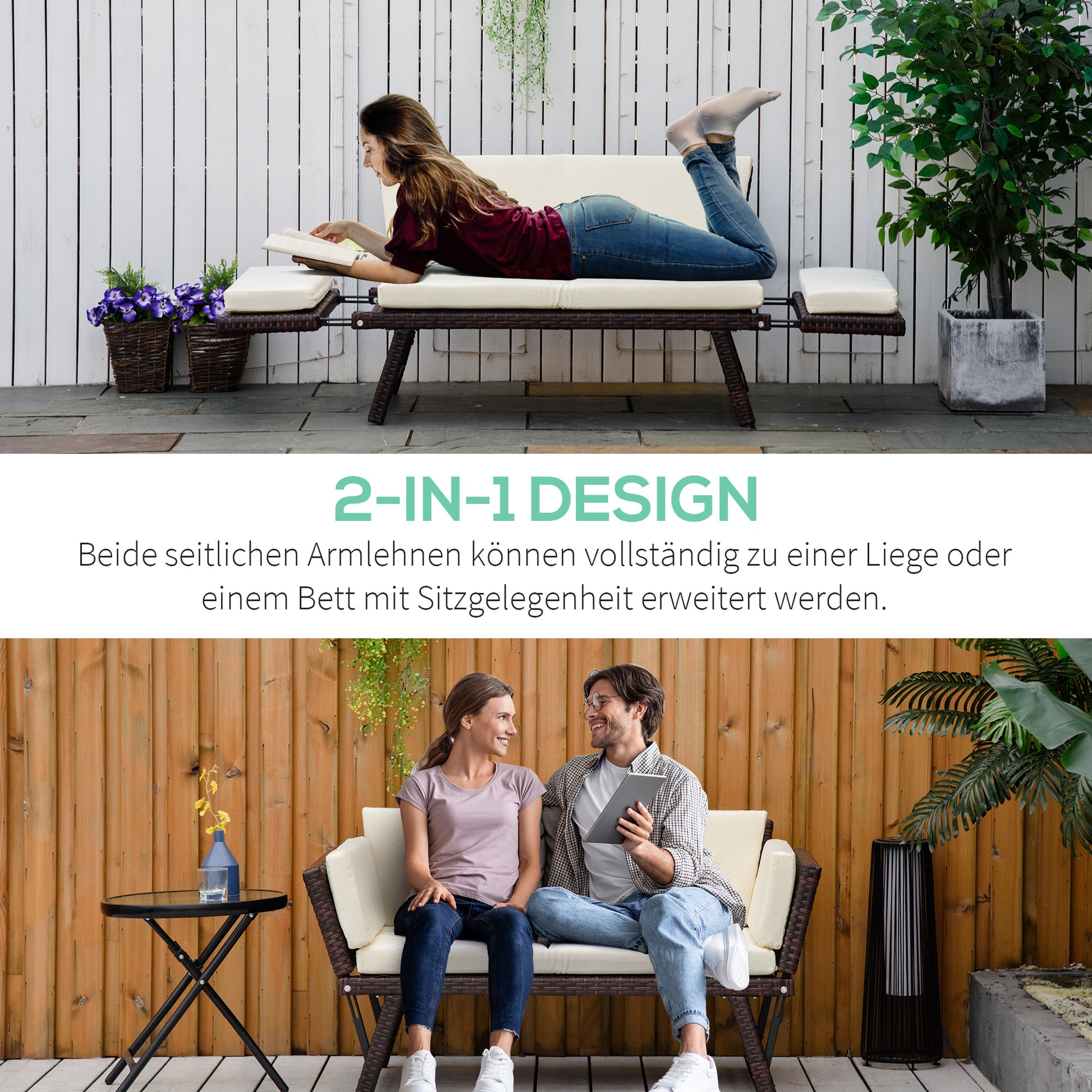 Poly Rattan 2-Seater Garden Sofa Lounge Sofa Garden Bench Lounger with Folding Armrests Steel Brown 129 x 63 x 67 cm