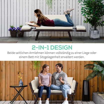 Poly Rattan 2-Seater Garden Sofa Lounge Sofa Garden Bench Lounger with Folding Armrests Steel Brown 129 x 63 x 67 cm