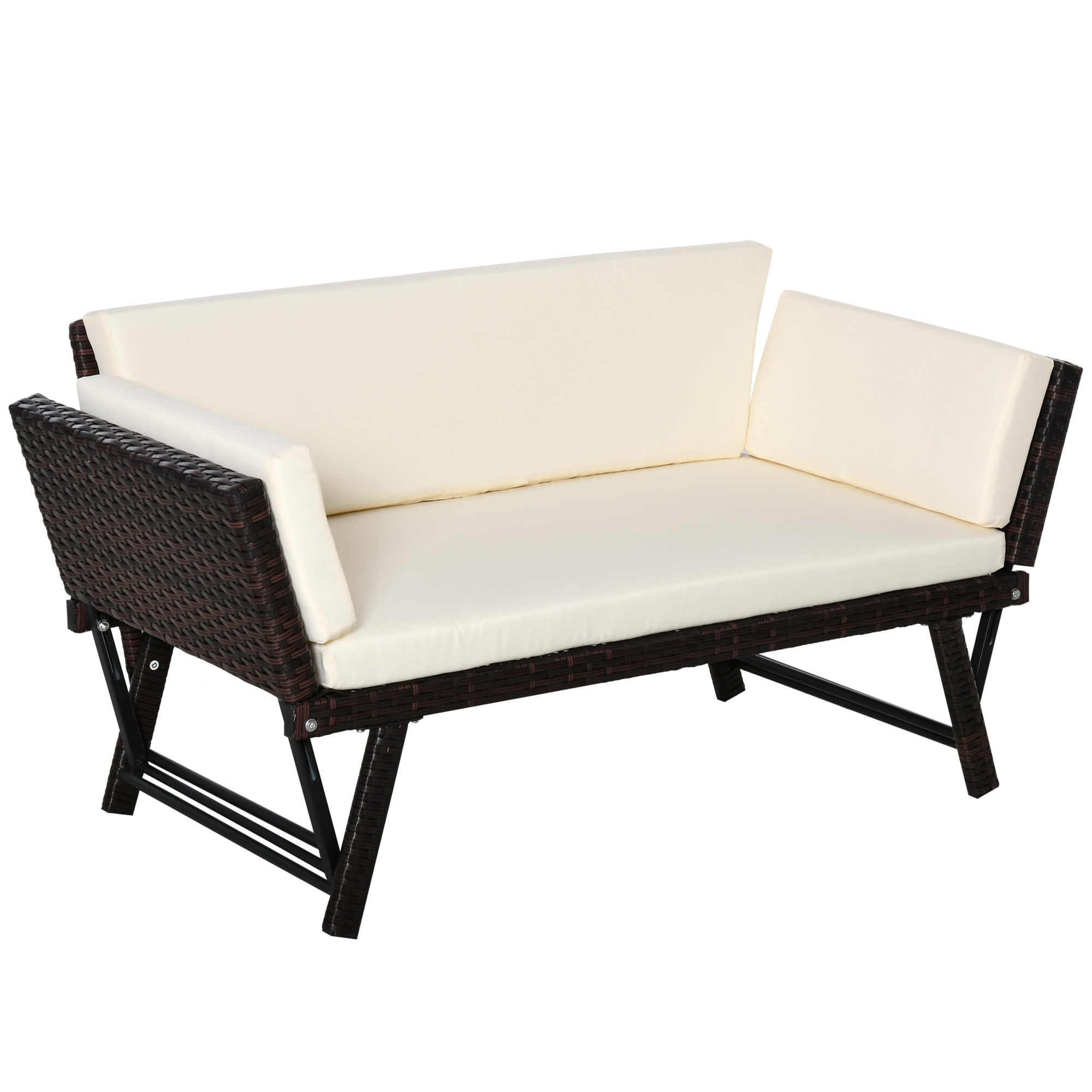 Poly Rattan 2-Seater Garden Sofa Lounge Sofa Garden Bench Lounger with Folding Armrests Steel Brown 129 x 63 x 67 cm