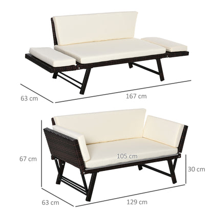 Poly Rattan 2-Seater Garden Sofa Lounge Sofa Garden Bench Lounger with Folding Armrests Steel Brown 129 x 63 x 67 cm