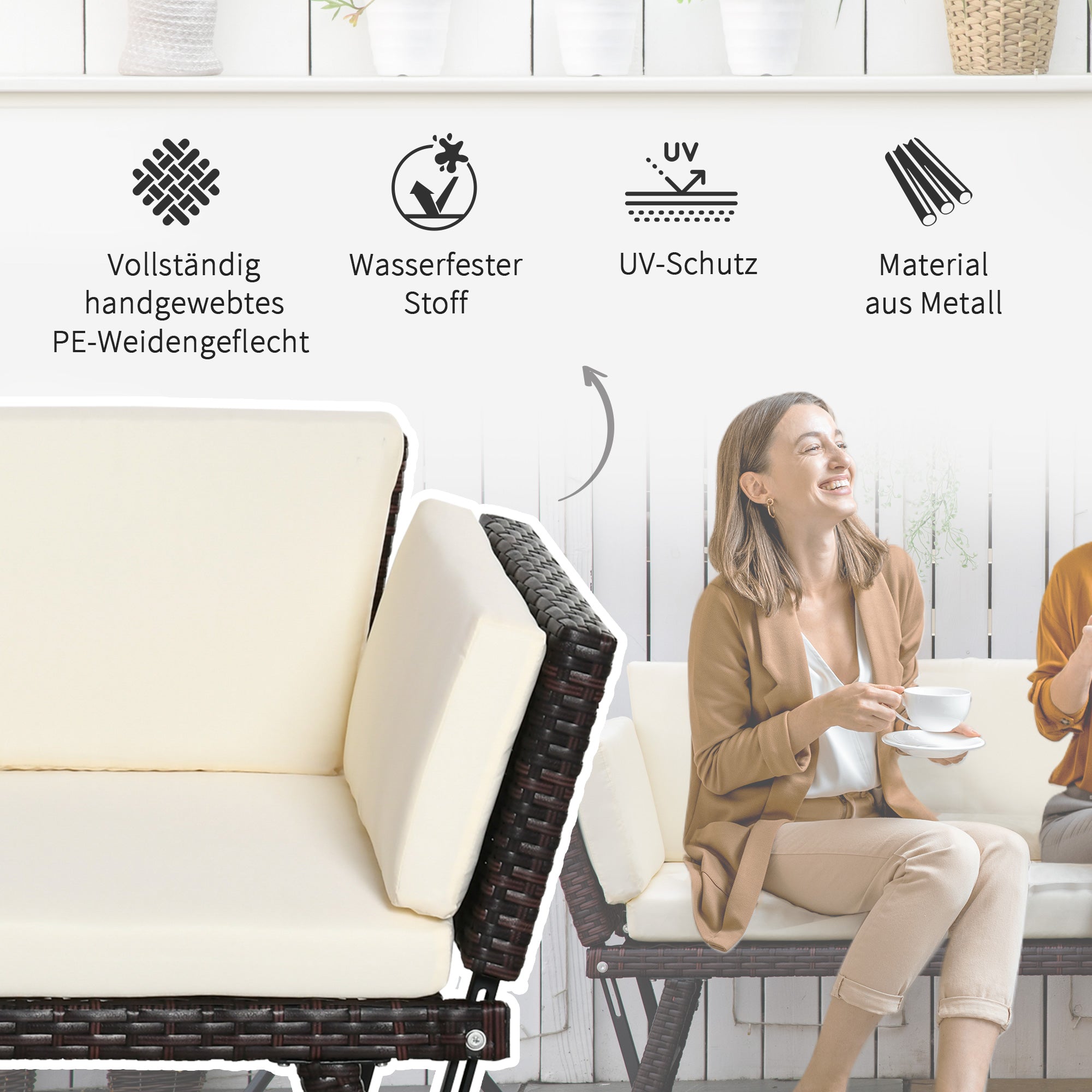 Poly Rattan 2-Seater Garden Sofa Lounge Sofa Garden Bench Lounger with Folding Armrests Steel Brown 129 x 63 x 67 cm