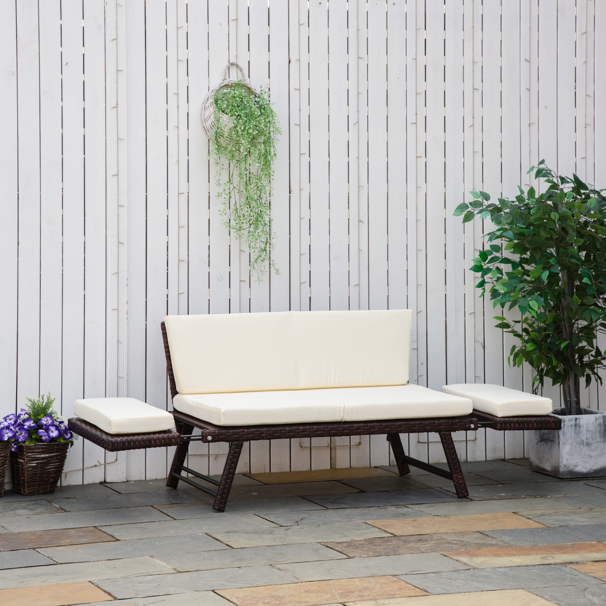 Poly Rattan 2-Seater Garden Sofa Lounge Sofa Garden Bench Lounger with Folding Armrests Steel Brown 129 x 63 x 67 cm