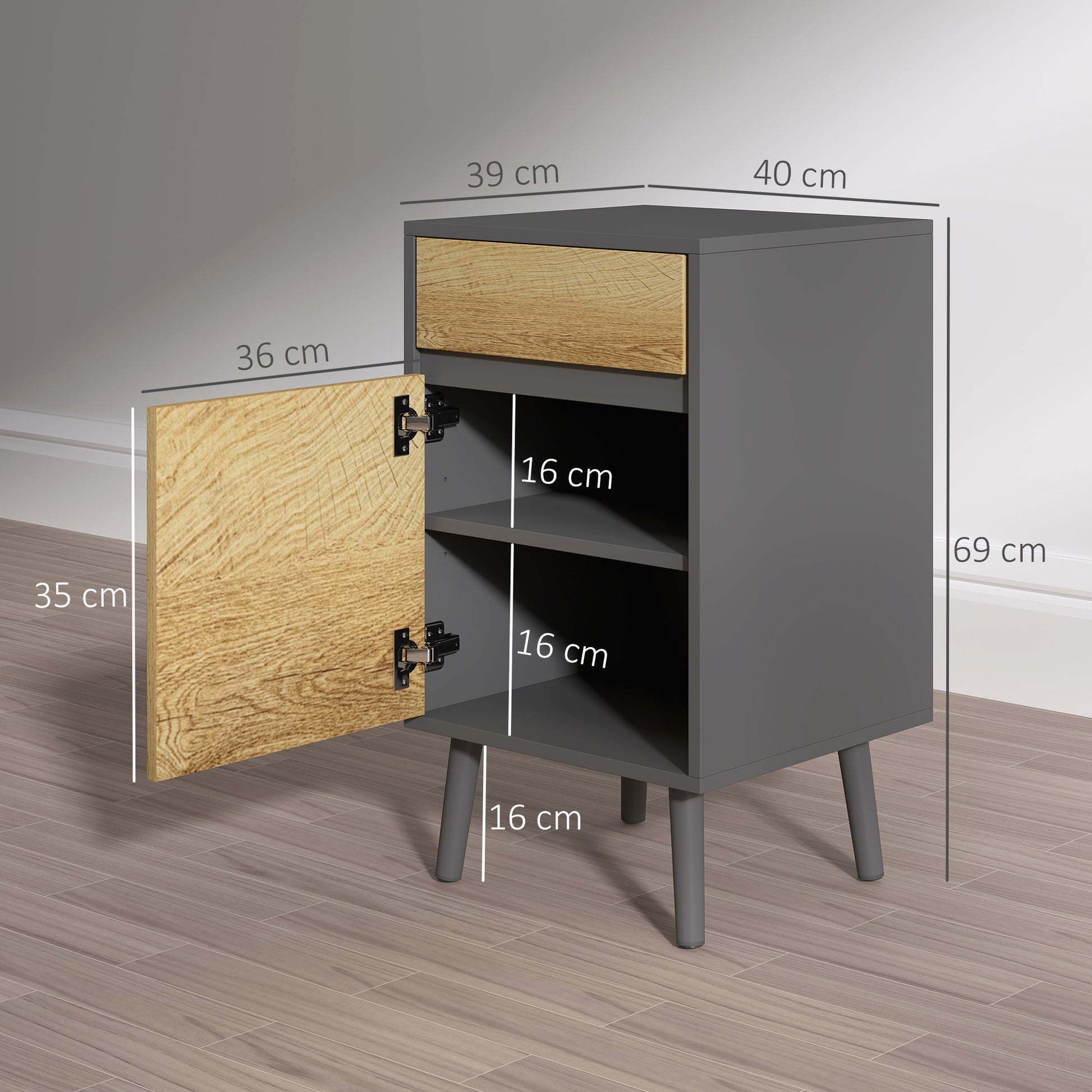 Set of 2 Bedside Tables Nightstand with Drawers and Cabinet, Modern Style for Bedroom, Living Room, 40 x 39 x 69 cm, Dark Gray