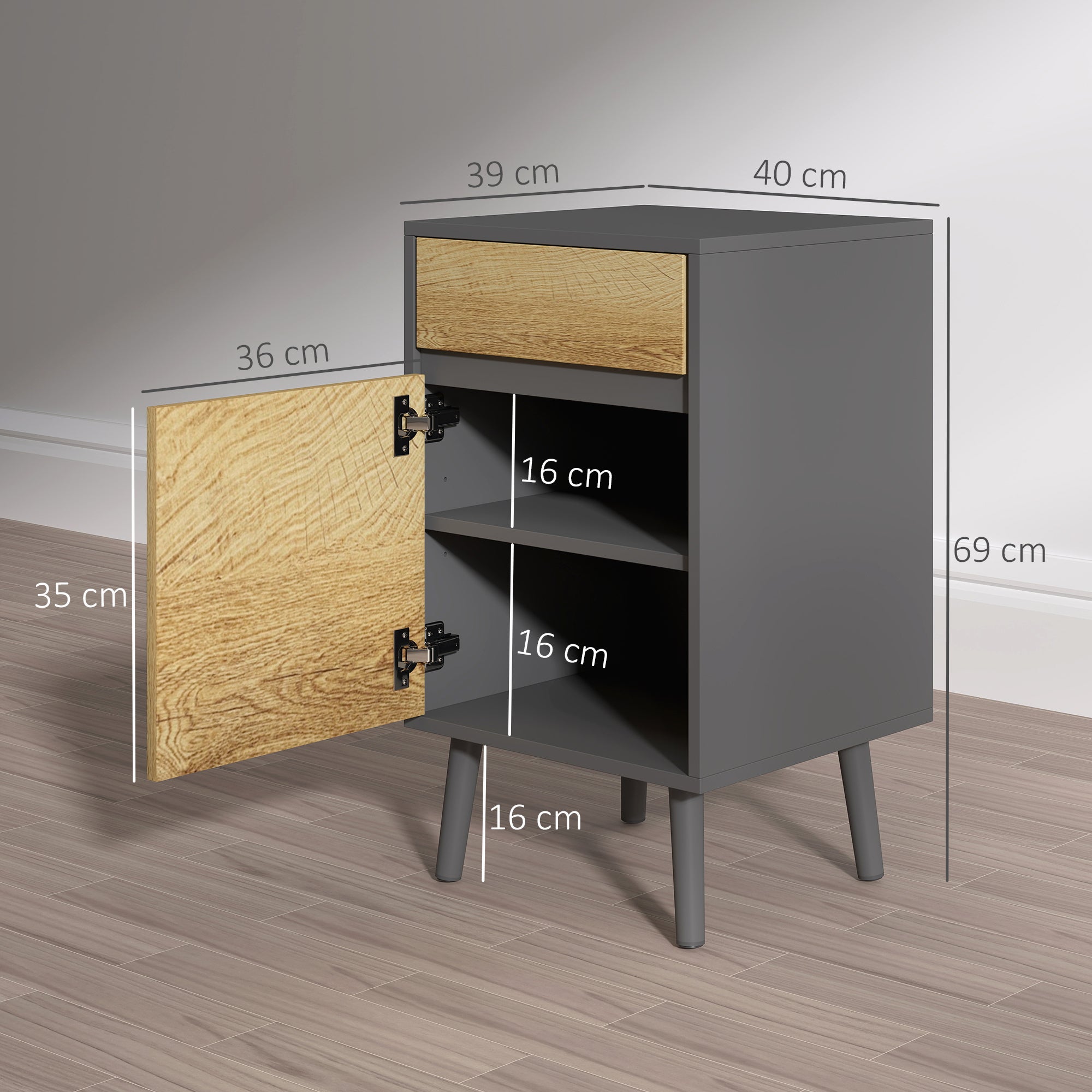 Set of 2 Bedside Tables Nightstand with Drawers and Cabinet, Modern Style for Bedroom, Living Room, 40 x 39 x 69 cm, Dark Gray