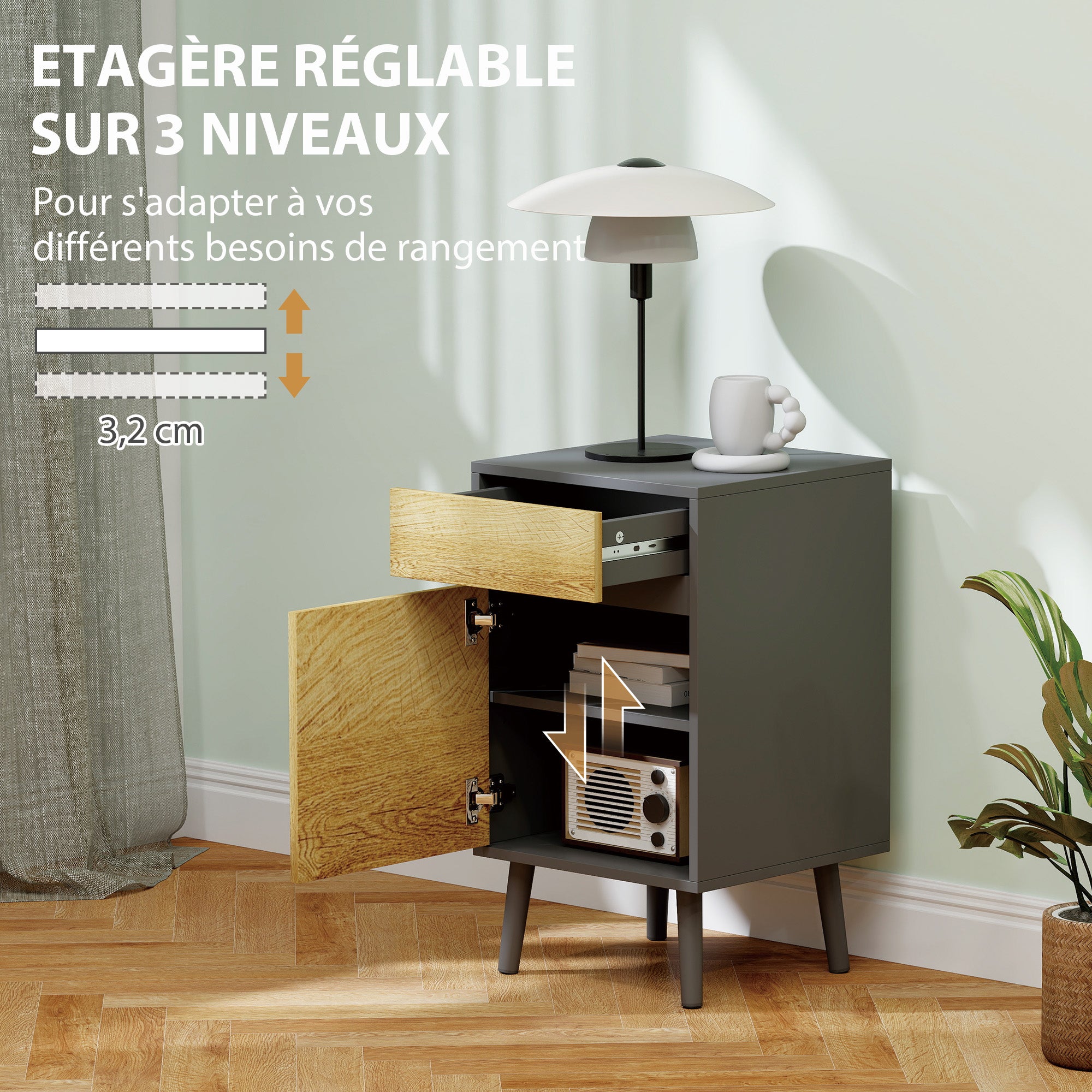 Set of 2 Bedside Tables Nightstand with Drawers and Cabinet, Modern Style for Bedroom, Living Room, 40 x 39 x 69 cm, Dark Gray
