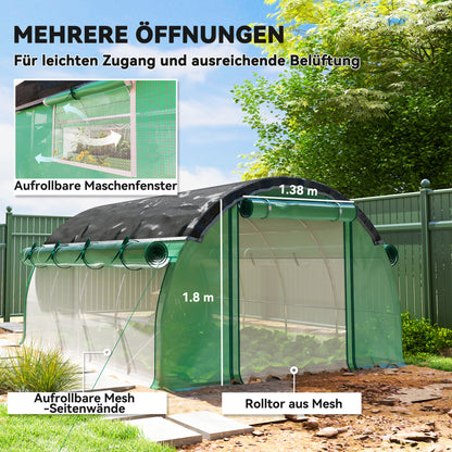 Greenhouse 4 x 3 x 2 m Foil Greenhouse with 8 Windows, Roll-Up Doors, Roll-Up Side Walls, UV-Resistant Foil Tunnel, Winter-Proof Tomato Greenhouse with Ground Anchors