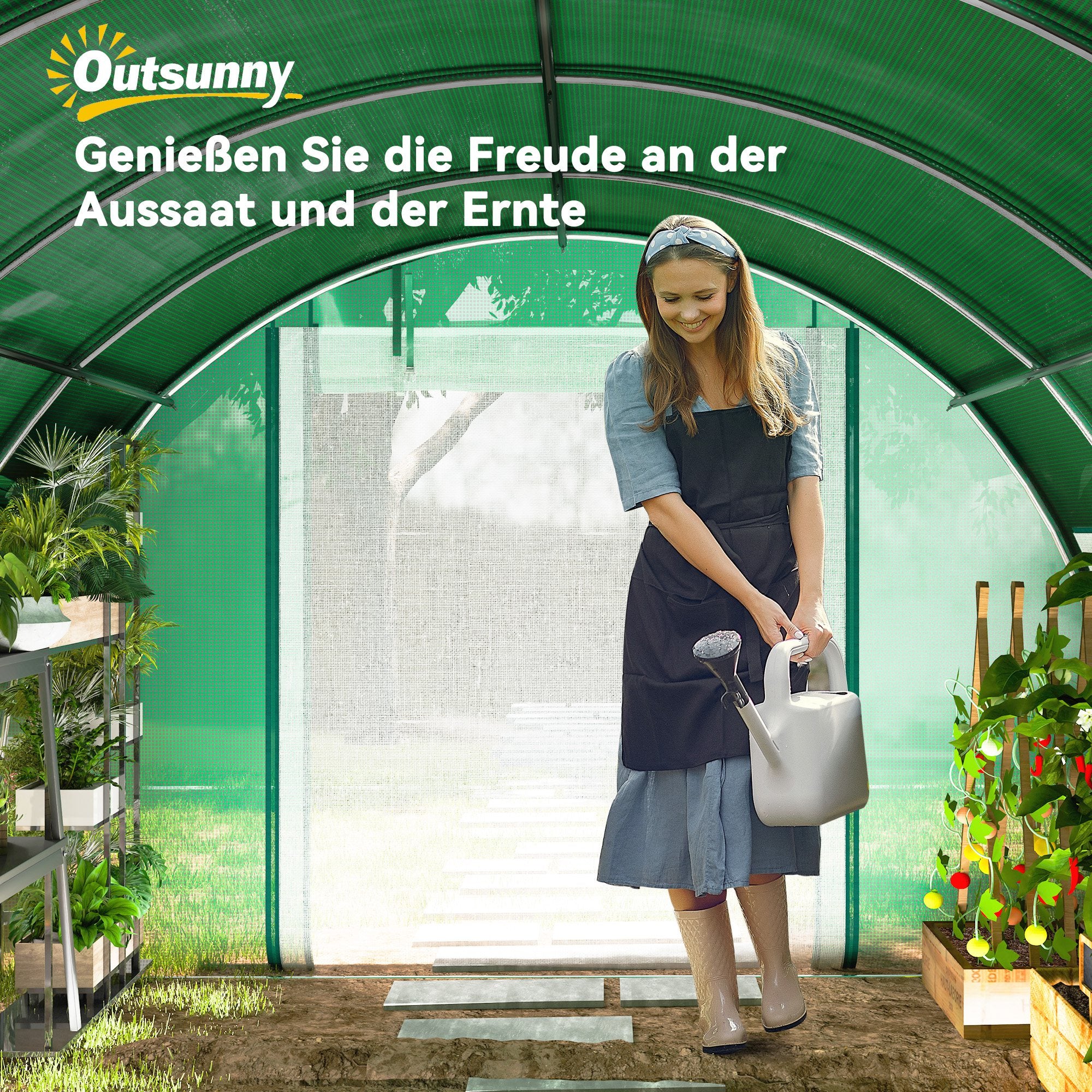 Greenhouse 4 x 3 x 2 m Foil Greenhouse with 8 Windows, Roll-Up Doors, Roll-Up Side Walls, UV-Resistant Foil Tunnel, Winter-Proof Tomato Greenhouse with Ground Anchors