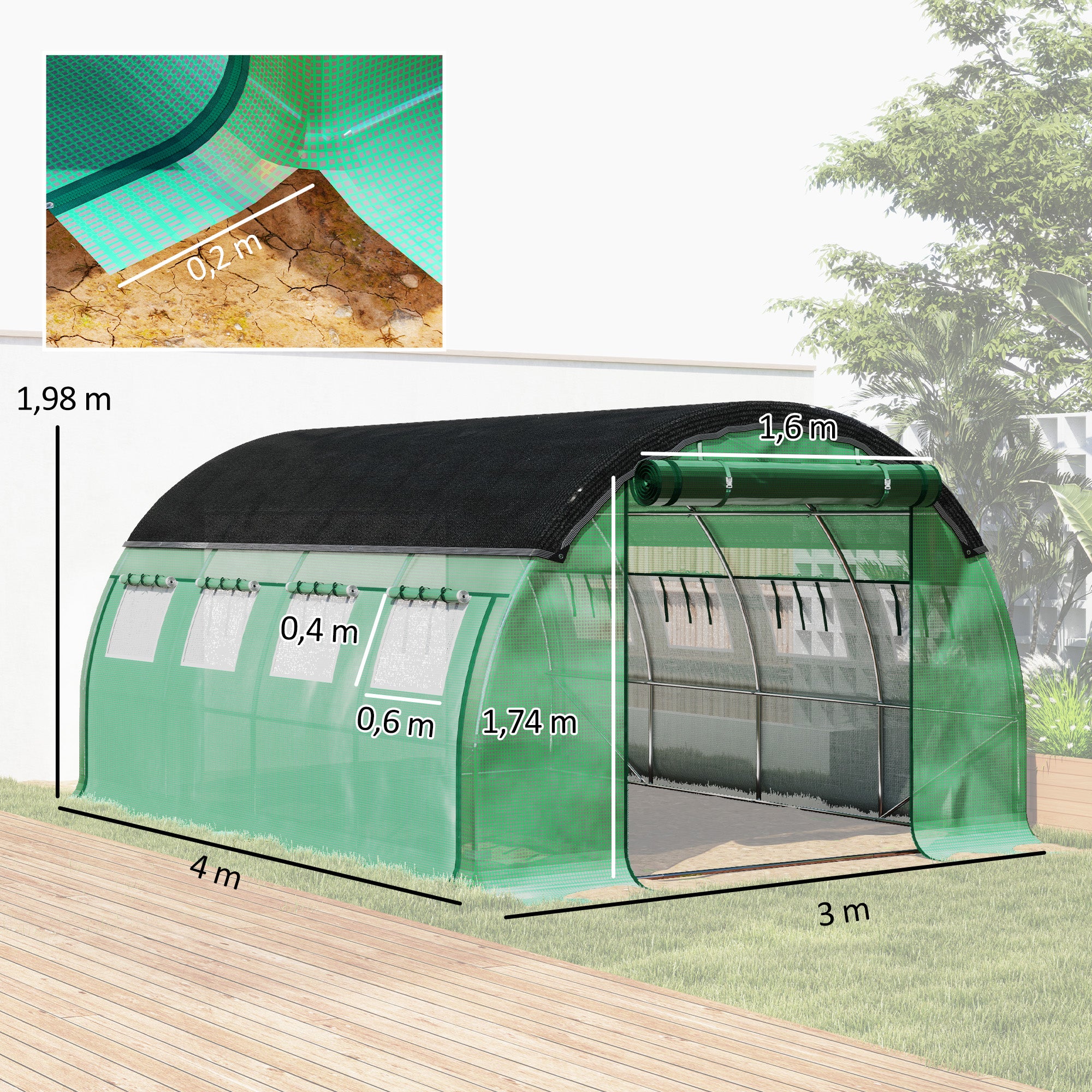 Greenhouse 4 x 3 x 2 m Foil Greenhouse with 8 Windows, Roll-Up Doors, Roll-Up Side Walls, UV-Resistant Foil Tunnel, Winter-Proof Tomato Greenhouse with Ground Anchors