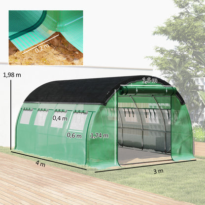 Greenhouse 4 x 3 x 2 m Foil Greenhouse with 8 Windows, Roll-Up Doors, Roll-Up Side Walls, UV-Resistant Foil Tunnel, Winter-Proof Tomato Greenhouse with Ground Anchors