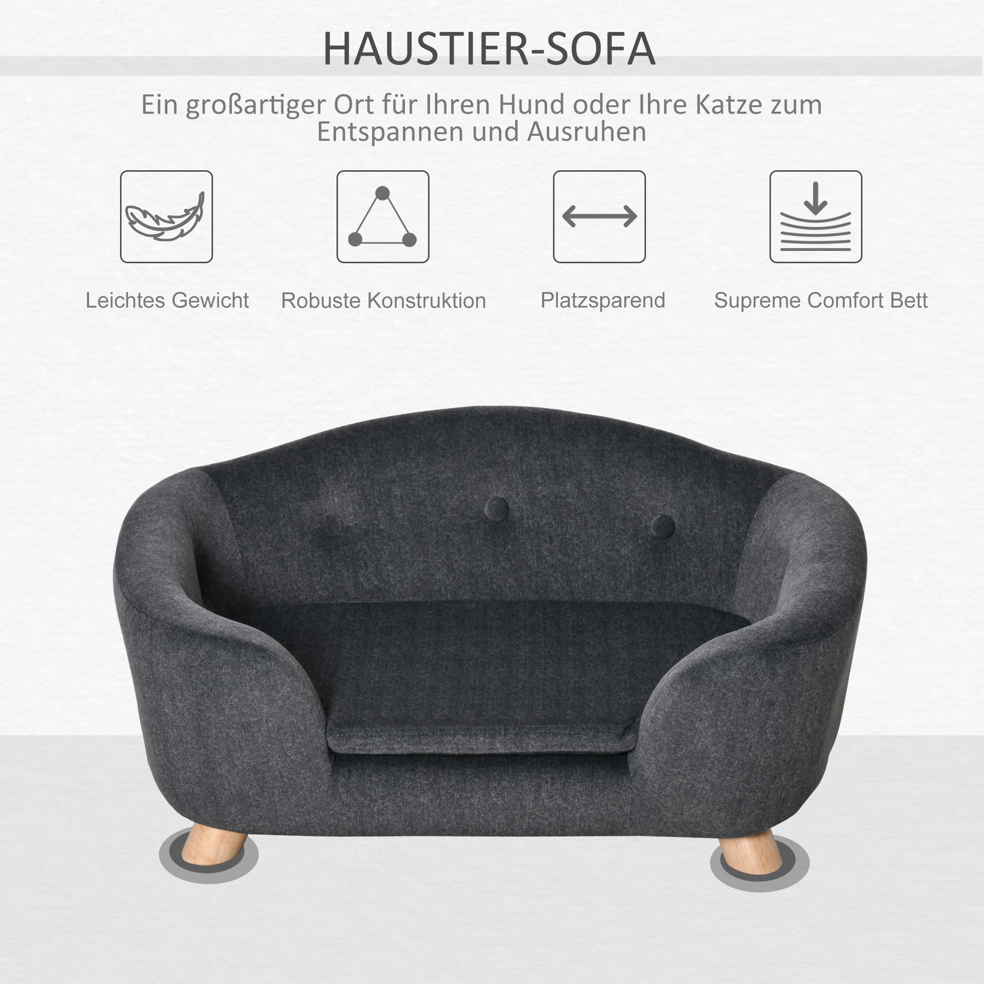Pet Sofa Dog Mat Dog Bed Dog Couch Cat Sofa with Pillow Back Pocket Plush Foam Pine Wood Dark Grey 70 x 47 x 30 cm