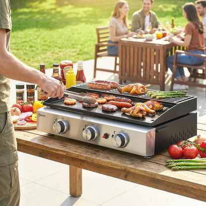 Portable Tabletop Gas Grill 7.5 kW – 3-Burner Ceramic-Coated Griddle, Stainless Warming Rack, Removable Grease Tray, Stainless Steel Picnic/Patio Grill