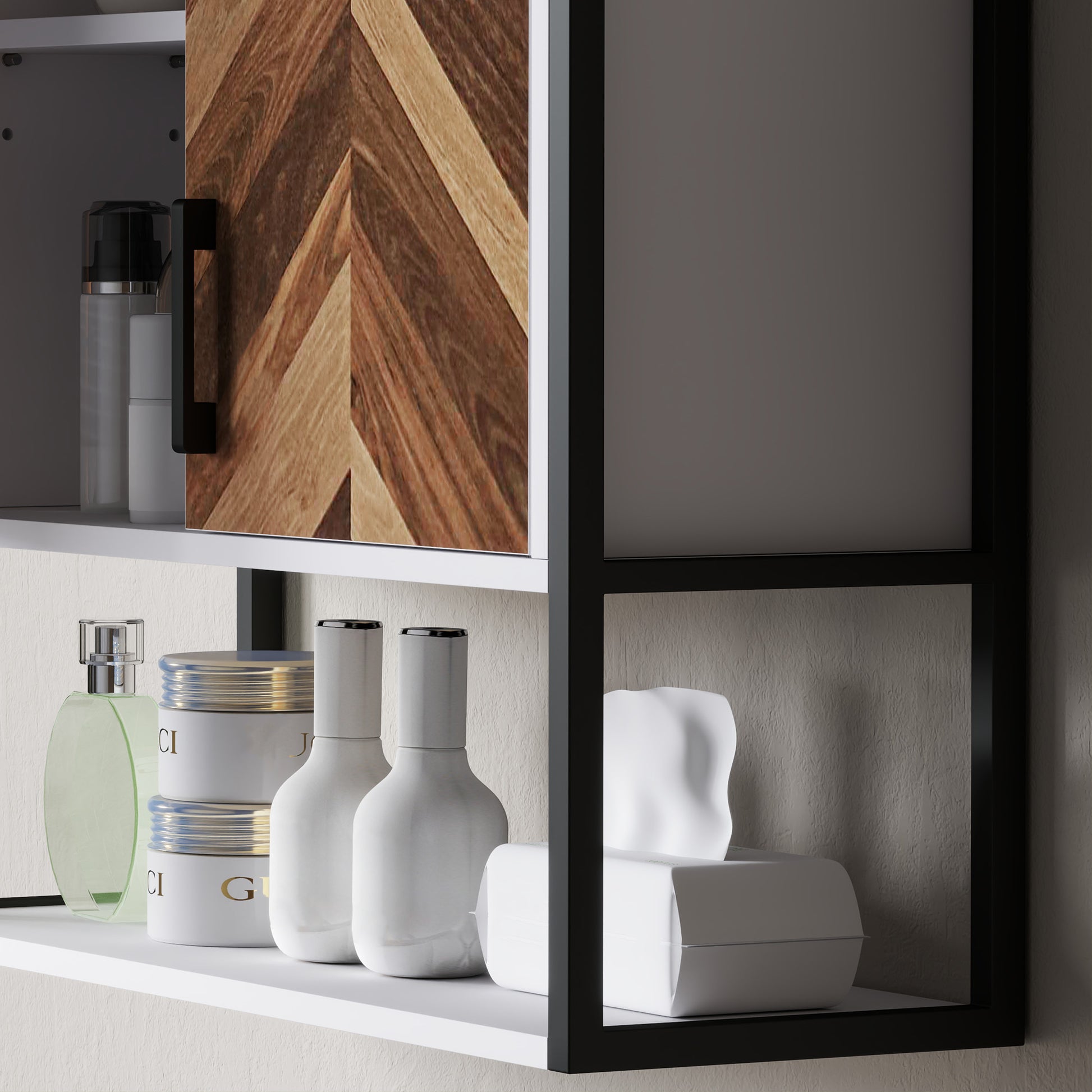 Wall Mounted Bathroom Cabinet Multi-purpose Hanging Bathroom Cabinet Storage with 2 Doors Adjustable Shelf and Open Shelf 59x20x60 cm Multicolor