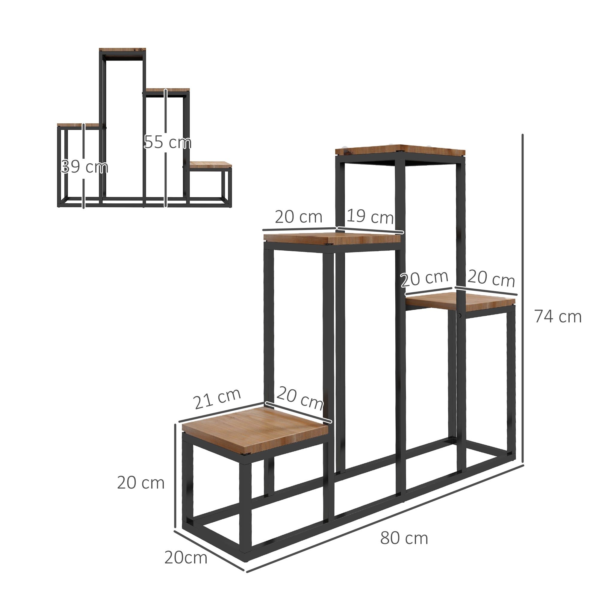 4-Tier Plant Stand, 74 cm high Flower Stand for Indoor Outdoor, Plant Rack made of Steel Wood, Flower Rack, Flower Stairs Flower Pot Stand for Living Room, Garden Balcony Decoration, Light Brown