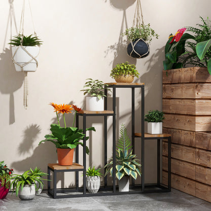4-Tier Plant Stand, 74 cm high Flower Stand for Indoor Outdoor, Plant Rack made of Steel Wood, Flower Rack, Flower Stairs Flower Pot Stand for Living Room, Garden Balcony Decoration, Light Brown