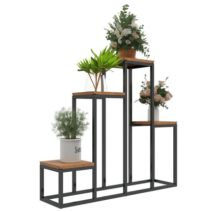 4-Tier Plant Stand, 74 cm high Flower Stand for Indoor Outdoor, Plant Rack made of Steel Wood, Flower Rack, Flower Stairs Flower Pot Stand for Living Room, Garden Balcony Decoration, Light Brown