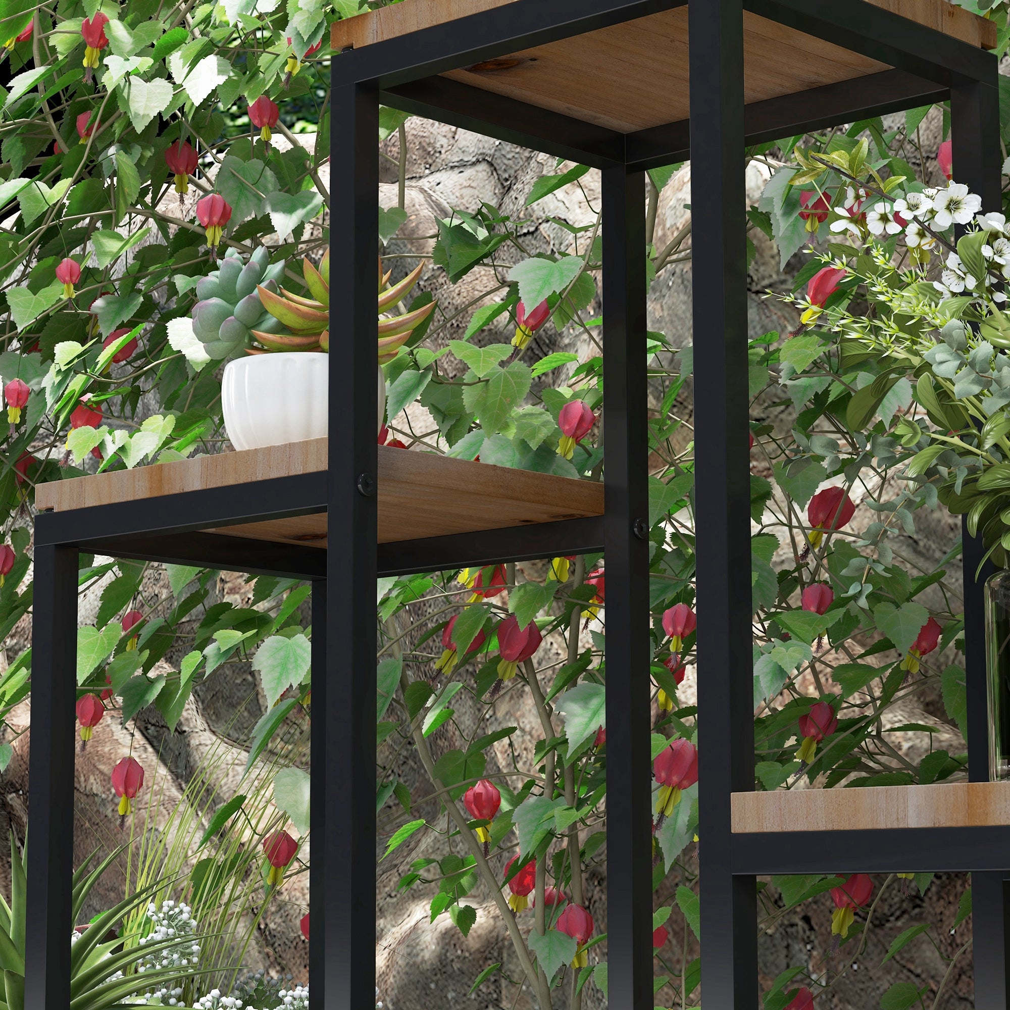4-Tier Plant Stand, 74 cm high Flower Stand for Indoor Outdoor, Plant Rack made of Steel Wood, Flower Rack, Flower Stairs Flower Pot Stand for Living Room, Garden Balcony Decoration, Light Brown
