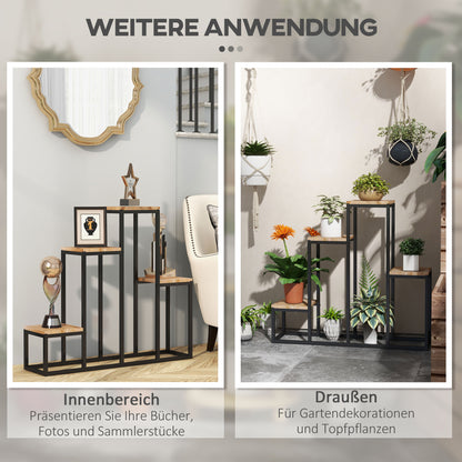 4-Tier Plant Stand, 74 cm high Flower Stand for Indoor Outdoor, Plant Rack made of Steel Wood, Flower Rack, Flower Stairs Flower Pot Stand for Living Room, Garden Balcony Decoration, Light Brown