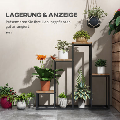 4-Tier Plant Stand, 74 cm high Flower Stand for Indoor Outdoor, Plant Rack made of Steel Wood, Flower Rack, Flower Stairs Flower Pot Stand for Living Room, Garden Balcony Decoration, Light Brown