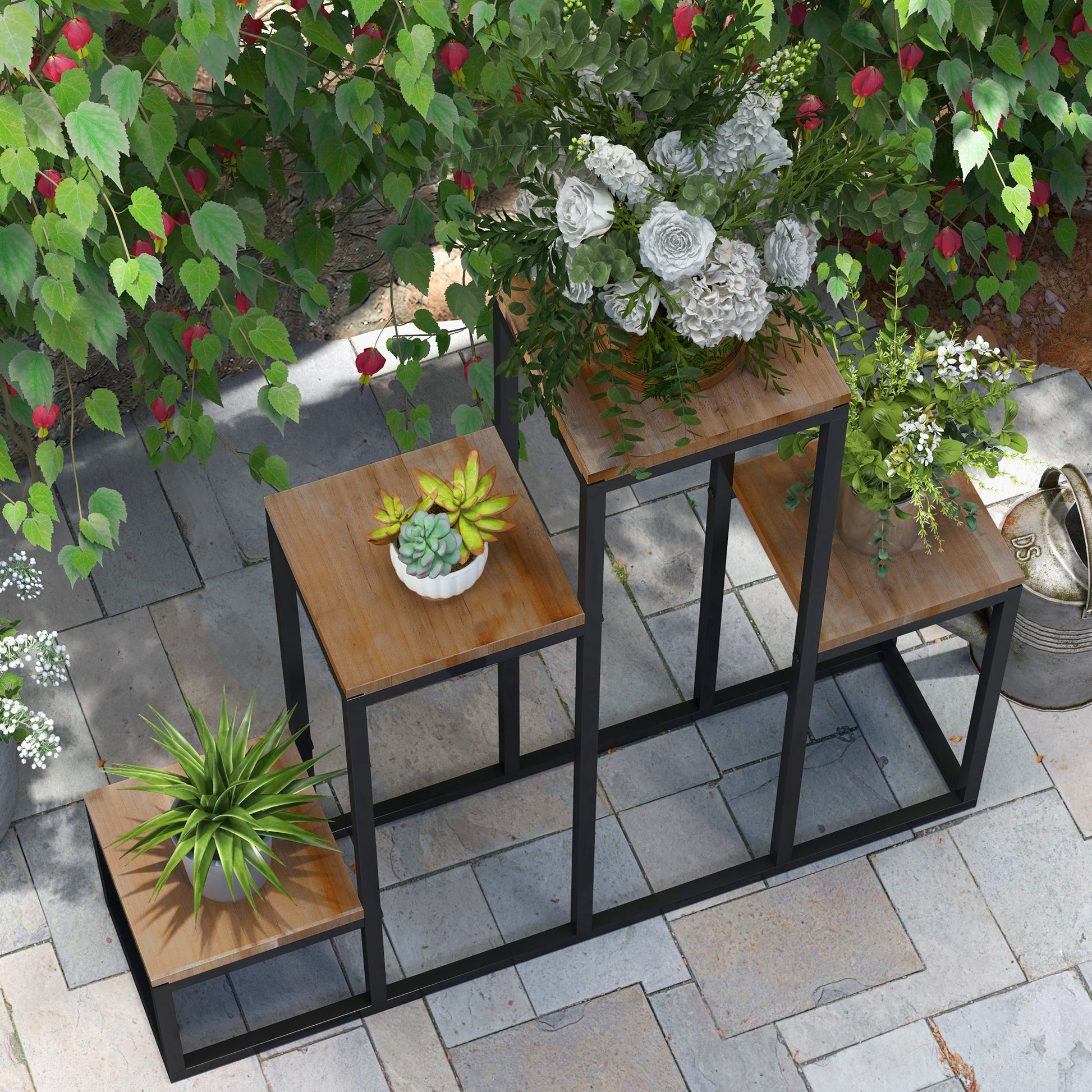 4-Tier Plant Stand, 74 cm high Flower Stand for Indoor Outdoor, Plant Rack made of Steel Wood, Flower Rack, Flower Stairs Flower Pot Stand for Living Room, Garden Balcony Decoration, Light Brown