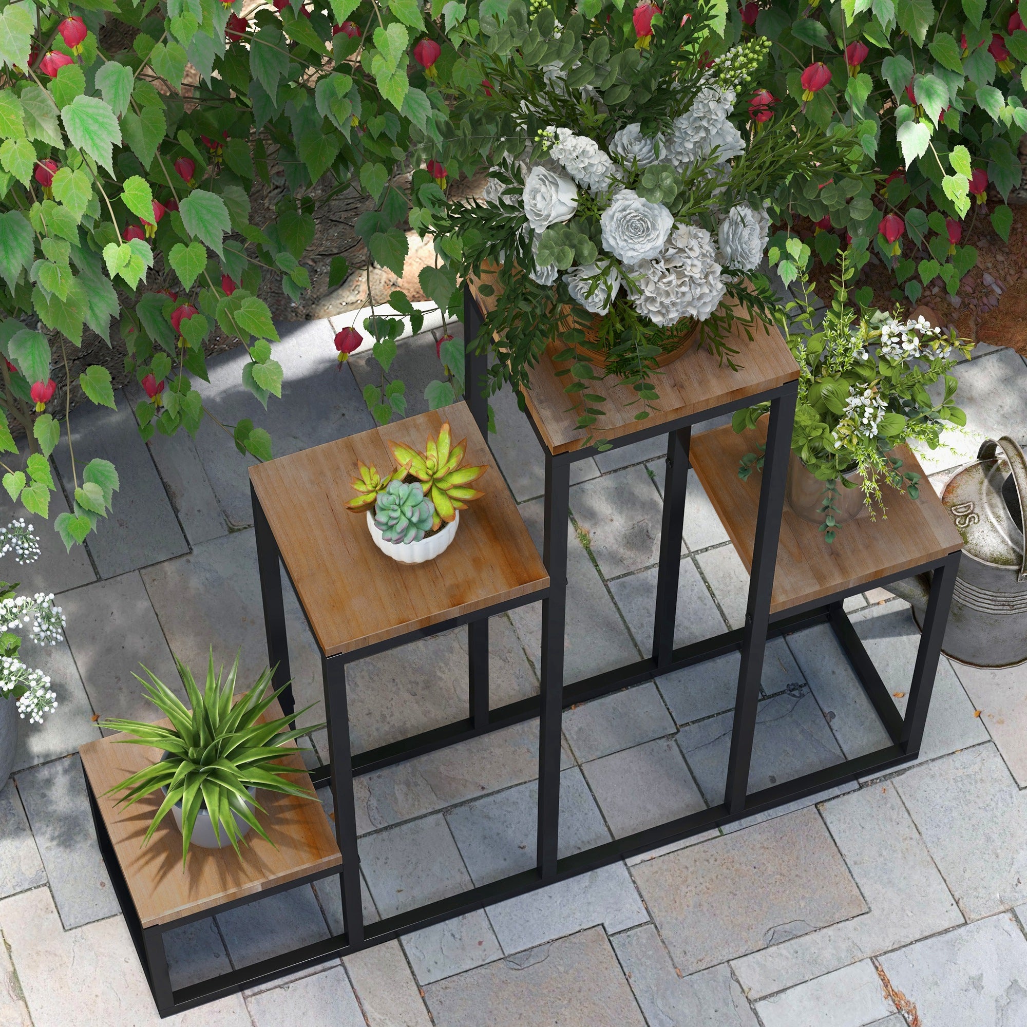 4-Tier Plant Stand, 74 cm high Flower Stand for Indoor Outdoor, Plant Rack made of Steel Wood, Flower Rack, Flower Stairs Flower Pot Stand for Living Room, Garden Balcony Decoration, Light Brown