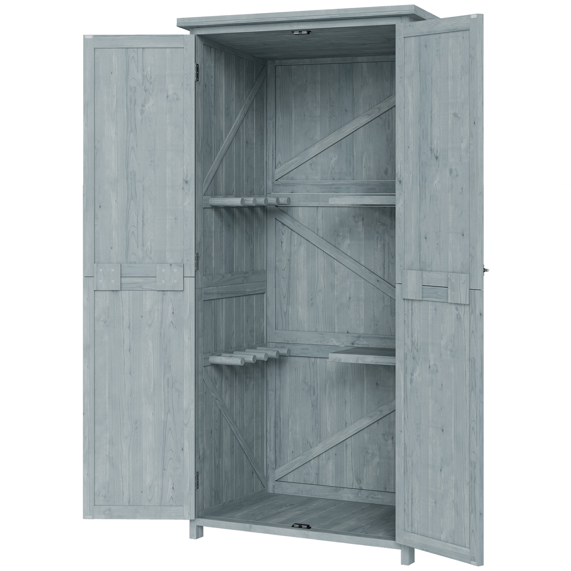 Pine Wood Outdoor Storage Cabinet with 2 Lockable Doors, 2 Shelves & 10 Hooks, Waterproof Asphalt Roof, for Balcony & Patio, 33.5 x 21.3 x 67 in, Gray