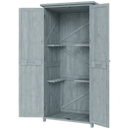 Pine Wood Outdoor Storage Cabinet with 2 Lockable Doors, 2 Shelves & 10 Hooks, Waterproof Asphalt Roof, for Balcony & Patio, 33.5 x 21.3 x 67 in, Gray