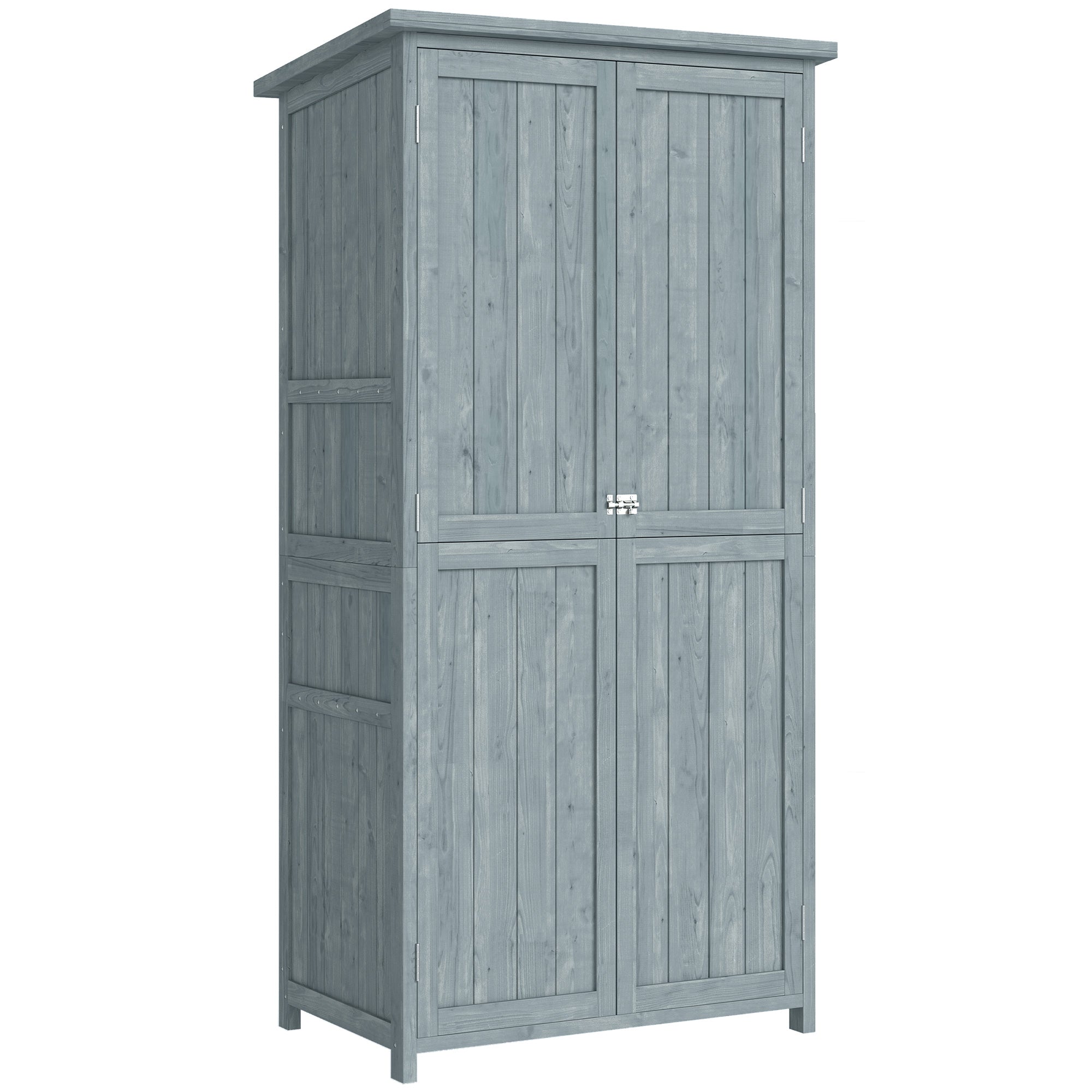 Pine Wood Outdoor Storage Cabinet with 2 Lockable Doors, 2 Shelves & 10 Hooks, Waterproof Asphalt Roof, for Balcony & Patio, 33.5 x 21.3 x 67 in, Gray