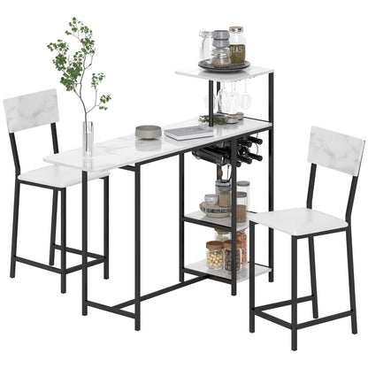 Bar Table Set with Stools, Standing Dining Table with 2 Bar Chairs, Folding Drop Leaf, Wine Racks, Glass Holders, Open Shelves, and Footrests, White Marble Effect