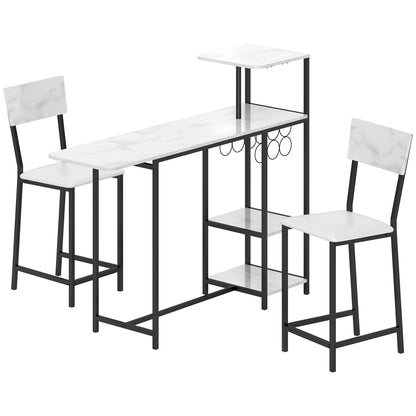 Bar Table Set with Stools, Standing Dining Table with 2 Bar Chairs, Folding Drop Leaf, Wine Racks, Glass Holders, Open Shelves, and Footrests, White Marble Effect