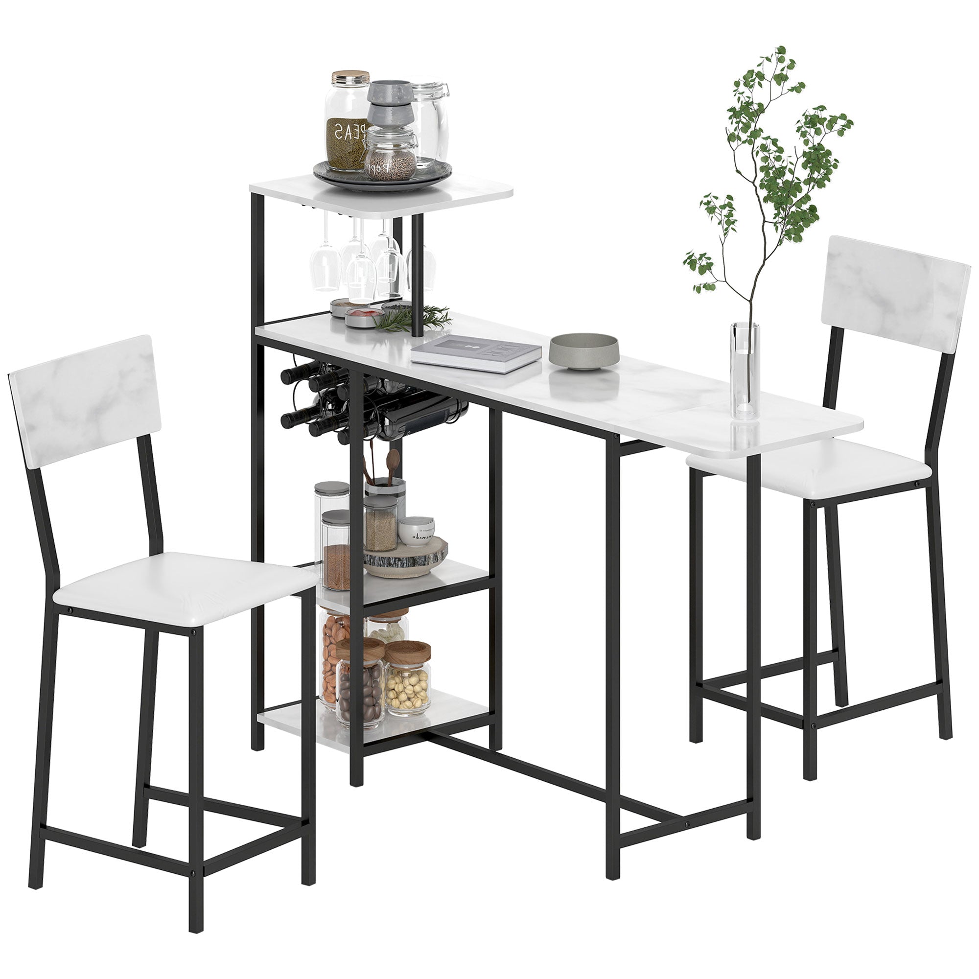 Bar Table Set with Stools, Standing Dining Table with 2 Bar Chairs, Folding Drop Leaf, Wine Racks, Glass Holders, Open Shelves, and Footrests, White Marble Effect