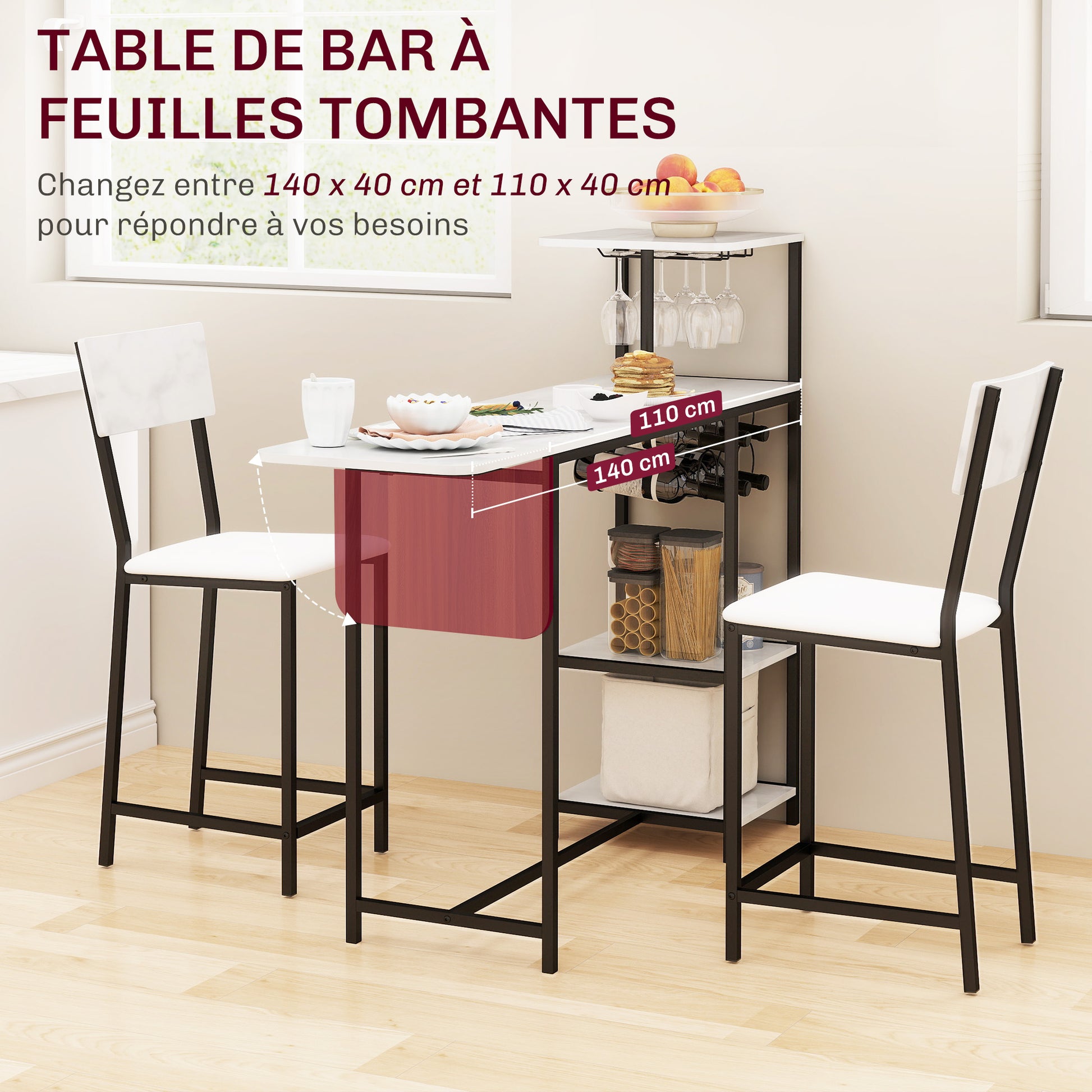 Bar Table Set with Stools, Standing Dining Table with 2 Bar Chairs, Folding Drop Leaf, Wine Racks, Glass Holders, Open Shelves, and Footrests, White Marble Effect