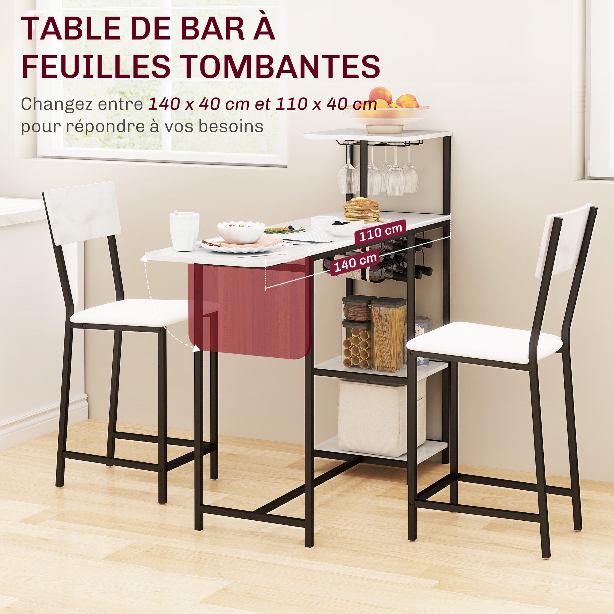 Bar Table Set with Stools, Standing Dining Table with 2 Bar Chairs, Folding Drop Leaf, Wine Racks, Glass Holders, Open Shelves, and Footrests, White Marble Effect