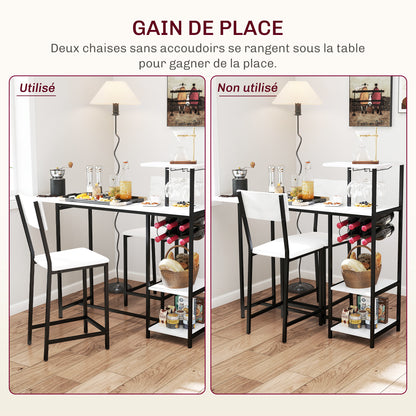 Bar Table Set with Stools, Standing Dining Table with 2 Bar Chairs, Folding Drop Leaf, Wine Racks, Glass Holders, Open Shelves, and Footrests, White Marble Effect