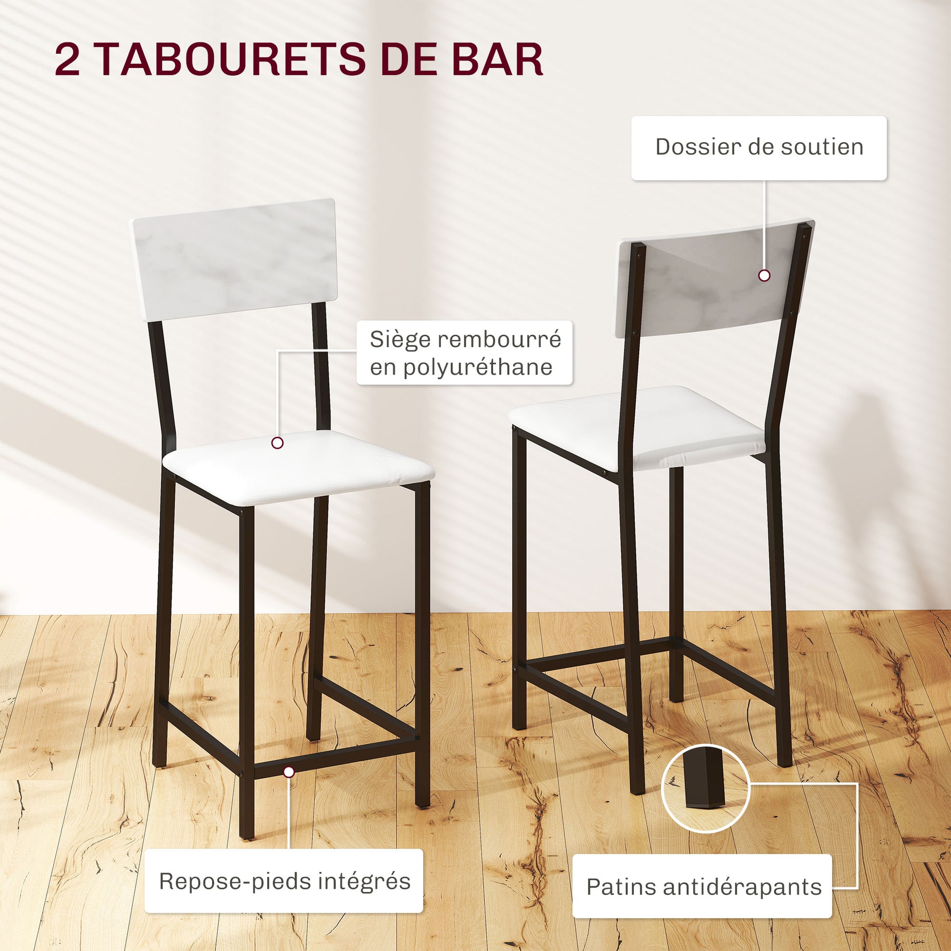 Bar Table Set with Stools, Standing Dining Table with 2 Bar Chairs, Folding Drop Leaf, Wine Racks, Glass Holders, Open Shelves, and Footrests, White Marble Effect