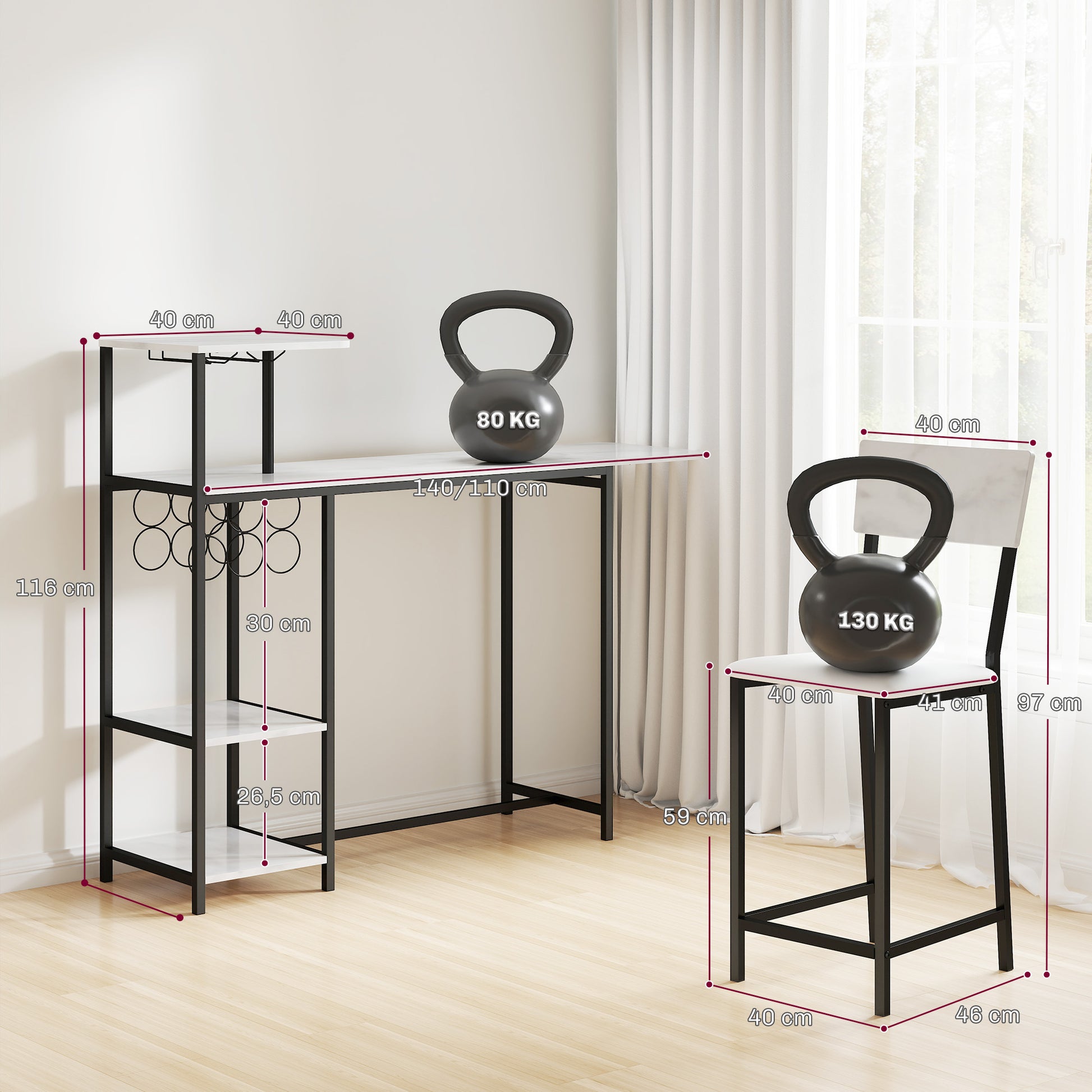 Bar Table Set with Stools, Standing Dining Table with 2 Bar Chairs, Folding Drop Leaf, Wine Racks, Glass Holders, Open Shelves, and Footrests, White Marble Effect