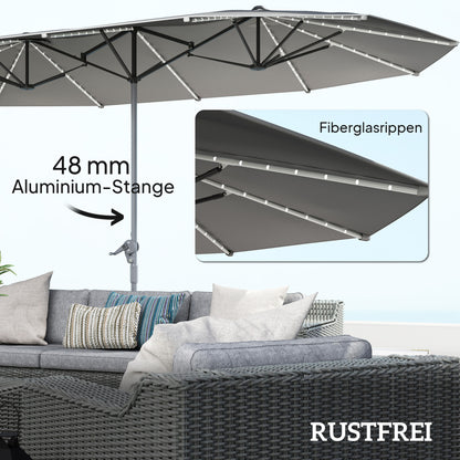 Double Sun Umbrella with Solar LED Lights 451x267 cm Aluminum UV 50+ Sun Umbrella with Hand Crank Fiberglass Ribs, Balcony Umbrella Windproof Market Umbrella Sun Protection for Balcony Garden Dark Gray