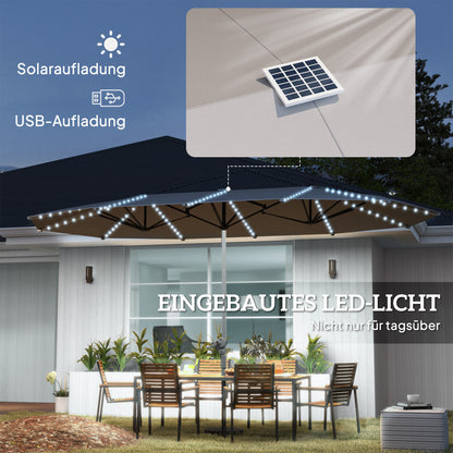 Double Sun Umbrella with Solar LED Lights 451x267 cm Aluminum UV 50+ Sun Umbrella with Hand Crank Fiberglass Ribs, Balcony Umbrella Windproof Market Umbrella Sun Protection for Balcony Garden Dark Gray