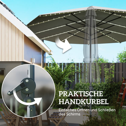Double Sun Umbrella with Solar LED Lights 451x267 cm Aluminum UV 50+ Sun Umbrella with Hand Crank Fiberglass Ribs, Balcony Umbrella Windproof Market Umbrella Sun Protection for Balcony Garden Dark Gray