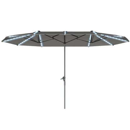 Double Sun Umbrella with Solar LED Lights 451x267 cm Aluminum UV 50+ Sun Umbrella with Hand Crank Fiberglass Ribs, Balcony Umbrella Windproof Market Umbrella Sun Protection for Balcony Garden Dark Gray