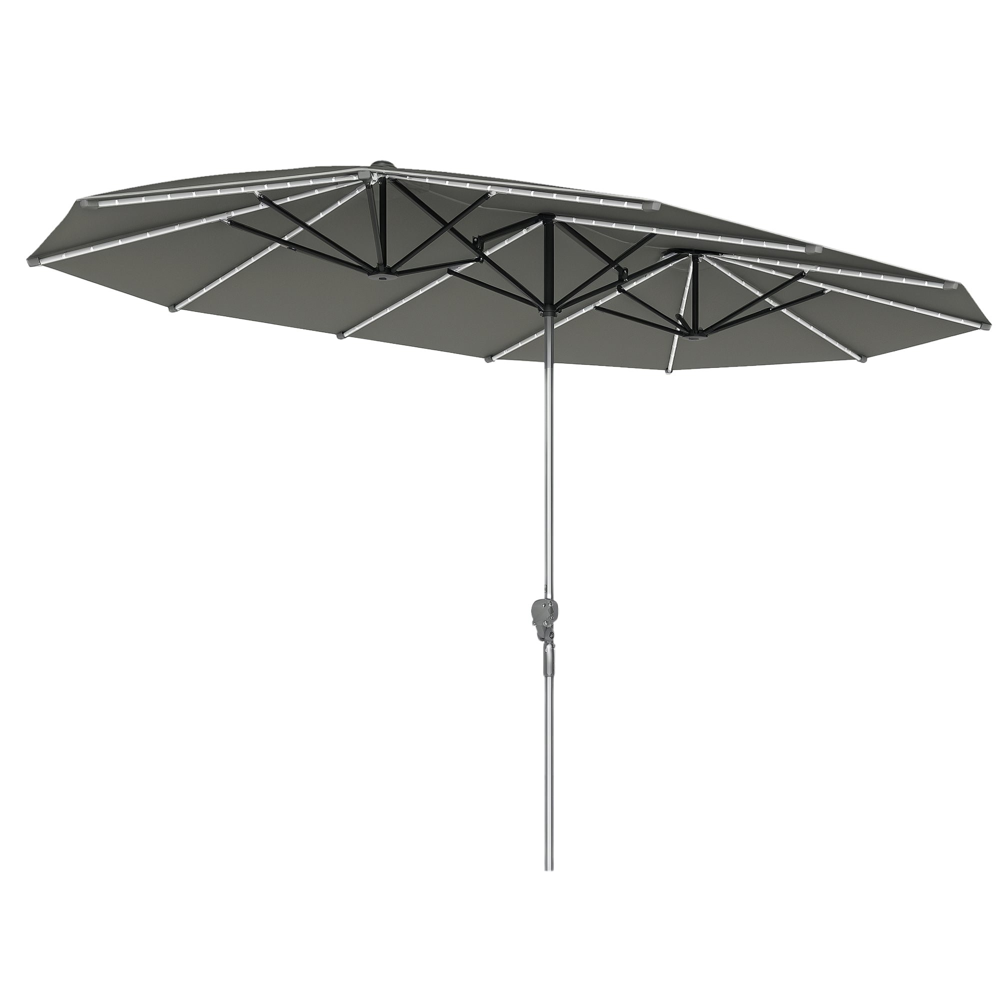 Double Sun Umbrella with Solar LED Lights 451x267 cm Aluminum UV 50+ Sun Umbrella with Hand Crank Fiberglass Ribs, Balcony Umbrella Windproof Market Umbrella Sun Protection for Balcony Garden Dark Gray