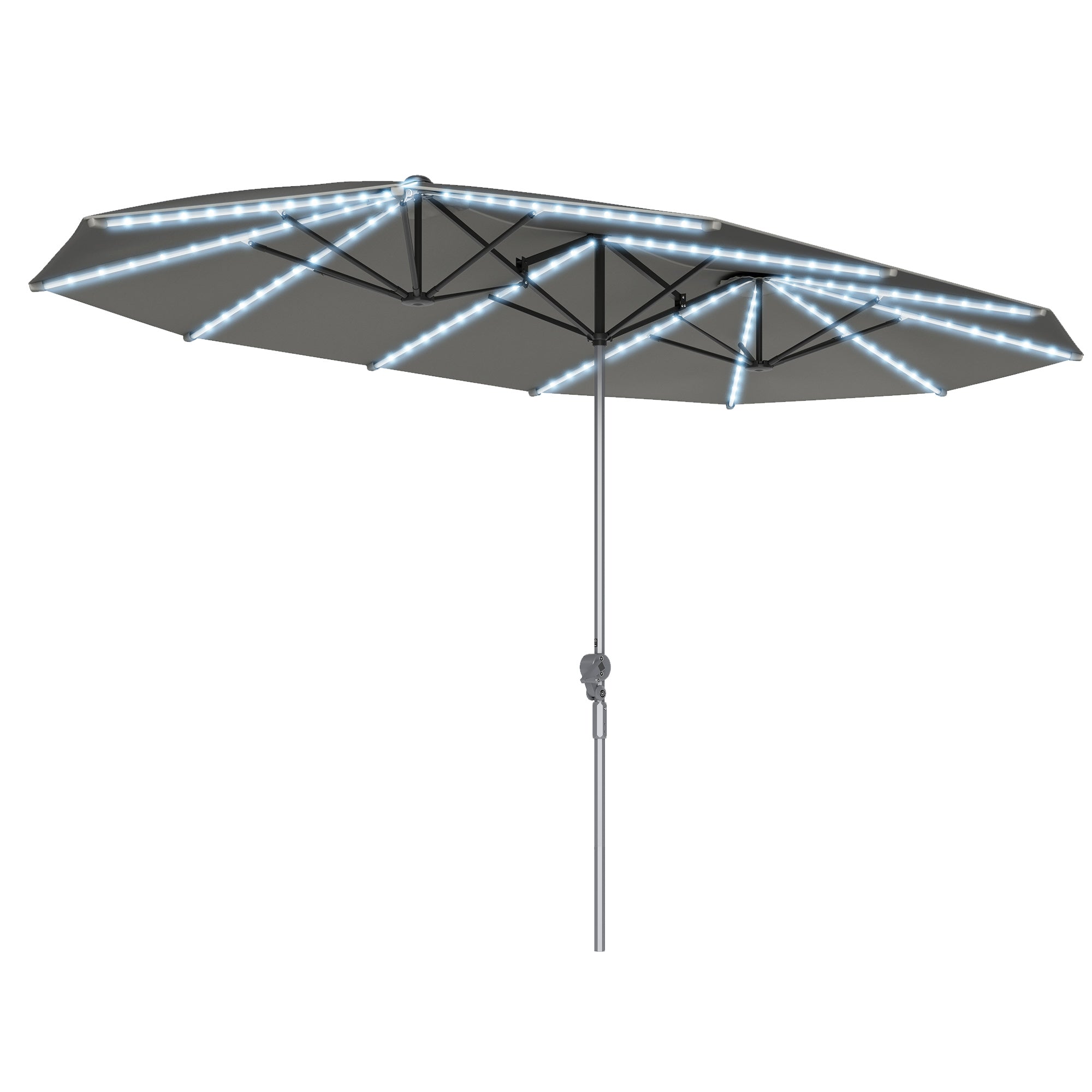 Double Sun Umbrella with Solar LED Lights 451x267 cm Aluminum UV 50+ Sun Umbrella with Hand Crank Fiberglass Ribs, Balcony Umbrella Windproof Market Umbrella Sun Protection for Balcony Garden Dark Gray