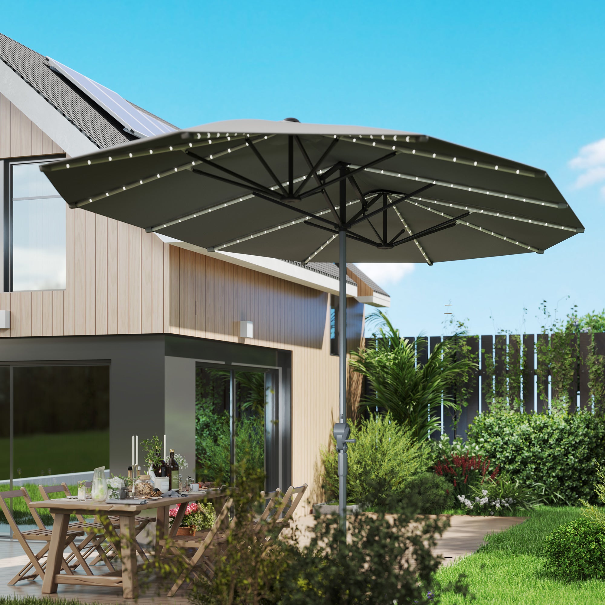 Double Sun Umbrella with Solar LED Lights 451x267 cm Aluminum UV 50+ Sun Umbrella with Hand Crank Fiberglass Ribs, Balcony Umbrella Windproof Market Umbrella Sun Protection for Balcony Garden Dark Gray