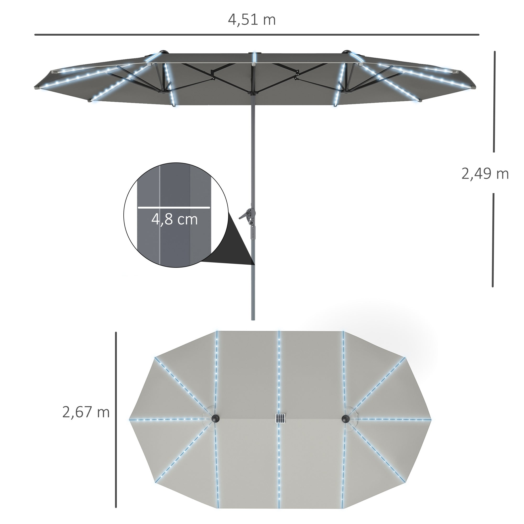 Double Sun Umbrella with Solar LED Lights 451x267 cm Aluminum UV 50+ Sun Umbrella with Hand Crank Fiberglass Ribs, Balcony Umbrella Windproof Market Umbrella Sun Protection for Balcony Garden Dark Gray